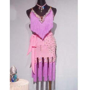 Customized size purple pink fringe competition latin dance dresses for women girls Kids tassels salsa ballroom samba dance costumes for female
